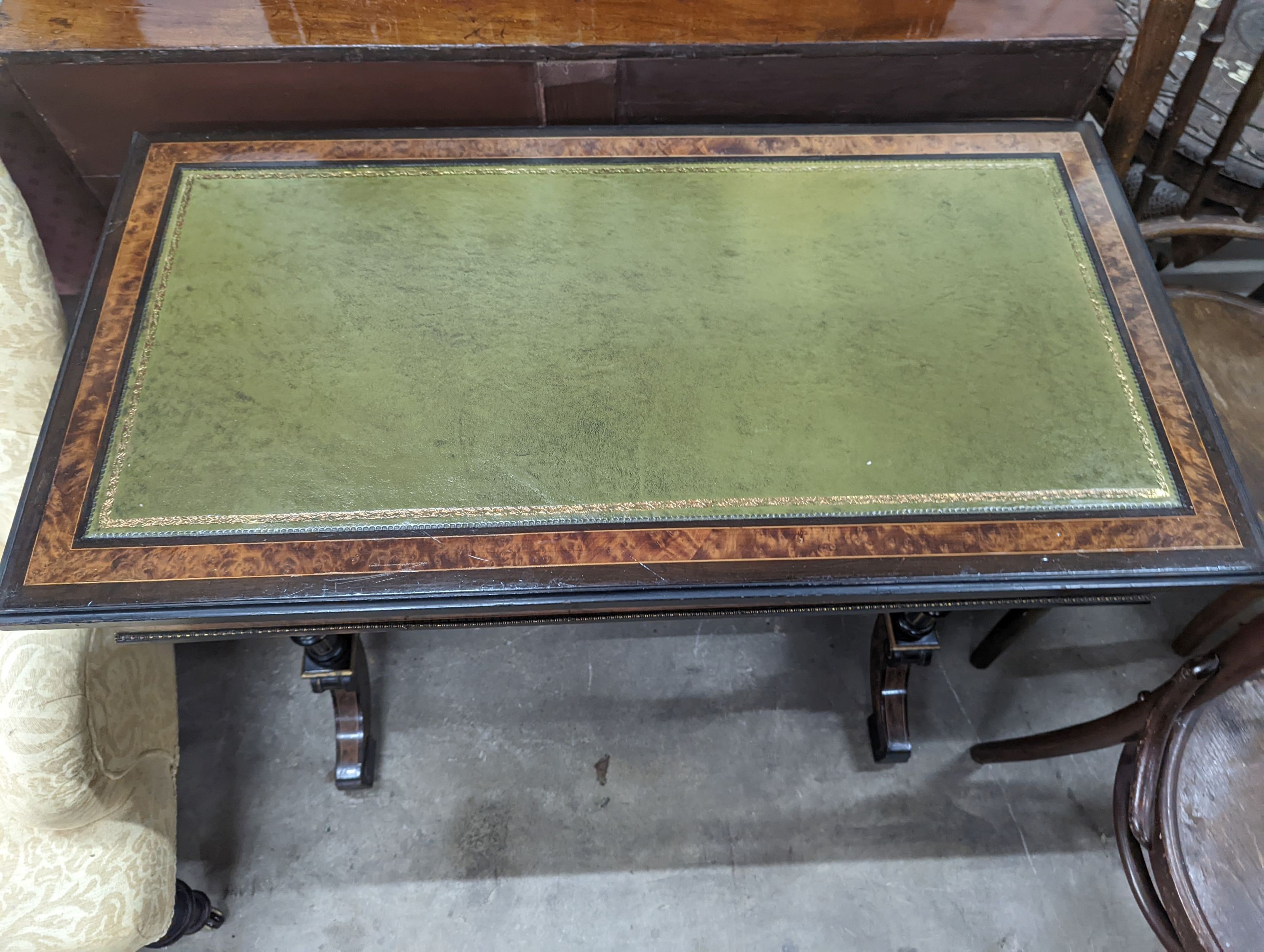 A late Victorian ebonised and bird's eye maple folding writing / card table, width 91cm, depth 48cm, height 75cm